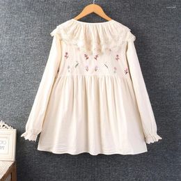 Women's Blouses 2024 Spring Autumn Japan Style Mori Girl Lace Collar Flower Embroidery Cotton Linen Loose Shirt Women