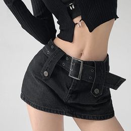 Summer Denim Mini Skirt Womens High Waist Wide Waistband Black Blue Y2K Style Washed 2000S 240401