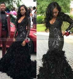 2022 New Bling Black Mermaid Long Sleeve Feather African Prom Dresses with Train Deep VNeck Plus Size Graduation Party Dress Form3949247