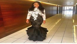 Mermaid White and Black Evening Dresses Long Sleeve Appliques Lace Ruffles Tiered Skirt Fashion Formal Party Gowns Custom Size5735939