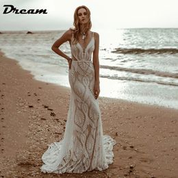 DREAM Sexy Lace V Neck Beach Mermaid Wedding Dresses 2023 Spaghetti Straps Sleeveless Bridal Backless Vestidos De Novia 240329