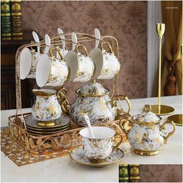 Cups Saucers Nordic Noble Bone China Coffee Pot Cup Saucer Sugar Bowl Set Luxury Ceramic Mug Top-Grade Tea Spoon Drop Delivery Hom Dhmhe