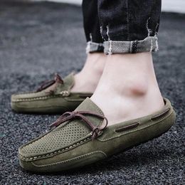 Casual Shoes Summer Suede Leather Mules Men Backless Loafers Slippers Slip On Flats Green Half For Large Size 38-47