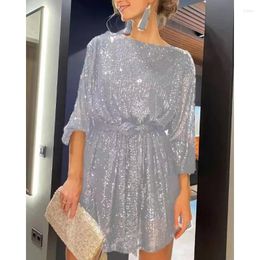 Casual Dresses Femme Robe Summer Mini Dress For Women O-Neck Long Sleeve Birthday Party Sashes Tunic Sparkling Sequins Ladies Fashion