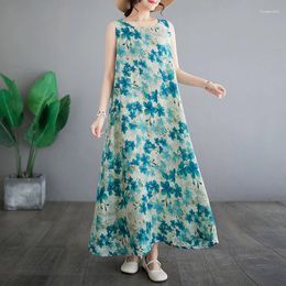 Casual Dresses 2024 Arrival Thin Cotton Print Floral Vintage Loose Summer Tank Dress Holiday Outdoor Travel Style Beach Long