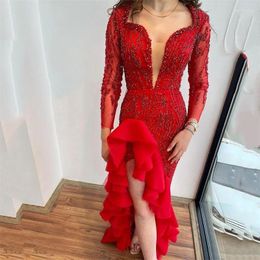 Party Dresses Sequins Paillette Women Prom Dress Deep V-Neck Ball Gown Elegant Red Long Sleeve Middle Waist Evening Arrival In Stock