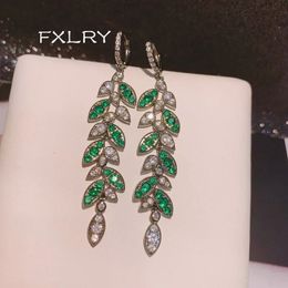 FXLRY Elegant fashion Gun black green leaves long section with zircon dangling earring For Women Jewellery 240401