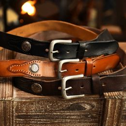 Belts New product designer genuine leather mens pleated belt American Western retro denim style leather Personalised denim pin buckle Q240401