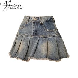 Womens Summer Cute Denim Short Skirt High Waist Burr Edge Spliced Casual A-line Harajuku Korean Style Y2K Mini Pleated Skirt 240321