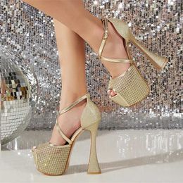 Dress Shoes 2024 New Gold Silver High Heels Sexy Shoes Women Fashion Design Rhinestone Mesh Thick Bottom Platform Pumps Sandal Female H240401