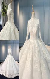 Muslim High Neck Wedding Dresses Long Sleeve Handmade Appliques Lace Ball Gown Bridal Gowns Vestido de Nova Custom Plus Size8458123