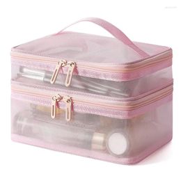 Cosmetic Bags Pink Double Layer Mesh Bag Women Portable Make Up Case Big Capacity Travel Zipper Makeup Organiser Toiletry Storage Box