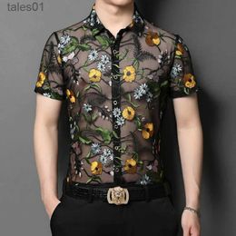 Men's Plus Tees Polos Mens Embroidery Flowers Clothing Summer Transparent Mesh Shirts Male Hollow Out Floral Clubwear See Through Lace Dress Shirt yq240401