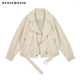 Women's Leather Faux Jacket Women Spring Autumn Korean Fashion Loose-fit PU Coat Simple Casual Motorcycle Jackets With Belt