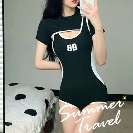 Wear Short Sleeve Swimsuit Women's One Piece Sexy Swimwear Korean Classic Black White Push Up Hollow Bathing Suit Hot Spring Sports
