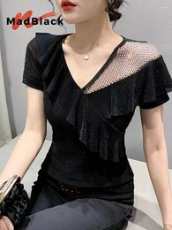 Women's T Shirts MadBlack European Clothes Tshirts Women Sexy V Necks Drill Ruffle Mesh Tops Short Sleeve Elastic Tees Summer 2024 T43101JC