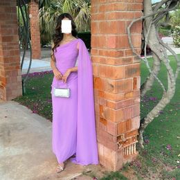 Elegant Long Lilac Chiffon Evening Dresses With Cape Sheath One Shoulder Ankle Length Pleated Zipper Back Prom Dresses for Women