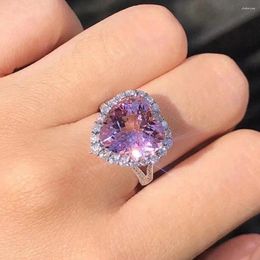 Cluster Rings Chic Pink Crystal Zircon Diamonds Gemstones Love Heart For Women White Gold Silver Color Fine Jewelry Bijoux Romantic Gift