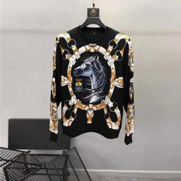 Europe and the United States men's 2024 winter new Round neck Long sleeve studded beaded horse chain printing Fashion hoodie