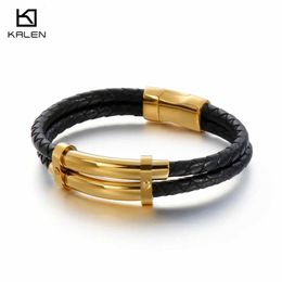 Chain Vintag 21cm Double layered Leather Bracelet for Mens Stainless Steel Charm Packaging Wrist Strap and Jewellery Accessories Q240401