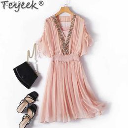 Basic Casual Dresses Tcyeek Elegant Beach Womens Dress 100% Mulberry Real Silk White Summer V-neck Women Clothing Special Offer yq240402