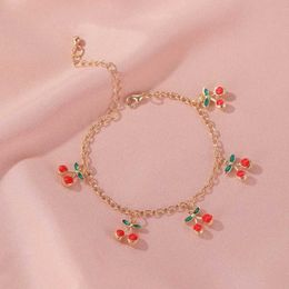 Chain Fashionable Charm Red Cherry Gold Chain Bracelet Womens Gold Adjustable Bracelet Ankle Jewelry Party Gift Q240401