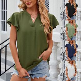 Women's T Shirts Summer Chiffon Solid Color Short Sleeve Shirt Elegant Female Tunic Tops Casual V Neck Loose Blouses