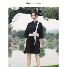 Vestido melhorado diariamente, vestido casual de gola alta com cinto floral conjunto Hanfu para primavera verão, roupas femininas