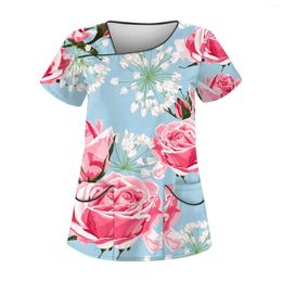 Women's T Shirts Carnival Printed Uniform Work Slanted Collar Pocket Protective Round Neck Pullover Top For Women