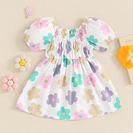 Girl Dresses Toddler Girls Summer Dress Floral Print Short Sleeve Square Neck A-Line Kids Casual Princess Clothes 2024