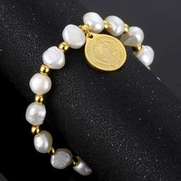 Chain Stainless Steel Saint Benedict Medal Bracelet Metal Saint Benedict Bracelet Adjustable Pearl Chain Bohemian Religious Jewellery Gift Q240401