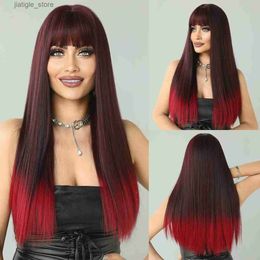 Synthetic Wigs NAMM Halloween Cosplay Wig with Bang Synthetic Wigs for Women Heat Resistant Natural Hair Long Straight Ombre Wine Red Wigs Y240401