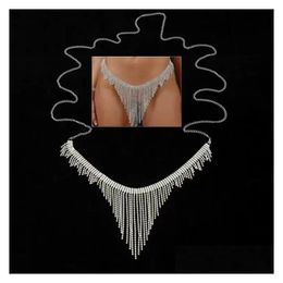 Belly Chains Belts Bling Sier Gold Waist Chain Waistband Women Summer Shirt Dress Wide Metal Rhinestone Tassel Fringe Strap Stretch Y Dhmwf