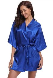 Sexy Pyjamas RB032 2018 New Silk Kimono Robe Bathrobe Women Silk Bridesmaid Robes Sexy Navy Blue Robes Satin Robe Ladies Dressing Gowns 2404101