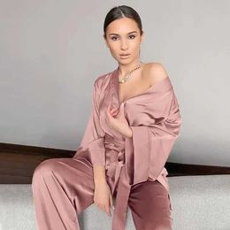 YLPX Sexy Pyjamas PLUS SIZE Loose Satin Sleepwear Spring Summer Female 2PCS Pyjamas Set Loungewear Sexy V-Neck Cardigan Trouser Suits Home Wear 2404101