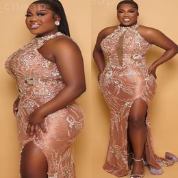 2024 Aso Ebi Illusion Chocolate Mermaid Prom Dress Crystals Beaded Evening Formal Party Second Reception 50th Birthday Engagement Gowns Dresses Robe De Soiree ZJ32
