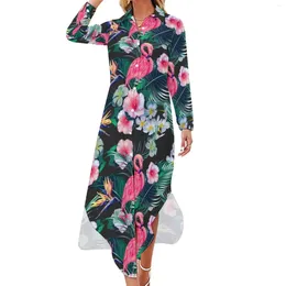 Casual Dresses Forest Palm Leaves Dress Floral And Flamingo Print Street Style Long Sleeve Kawaii V Neck Big Size Chiffon
