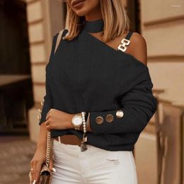 Women's Blouses Long Sleeve Top Chic One-shoulder Tops Hollow Out Halter Neck Button Decor Soft Loose For Fall Spring Fashion Women