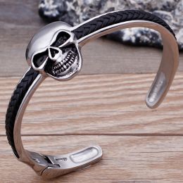 Bangles Gothic Skull Head Open Cuff Bangle For Man Bracelet Men's Solid Stainless Steel Braided Leather Wristbands Jewellery Wholesale