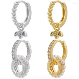 Hoop Earrings EYIKA Dainty Gold Plated Imitation Pearl Round Circle Paved Zircon Leaf Women Fashion Party Jewelry Gift