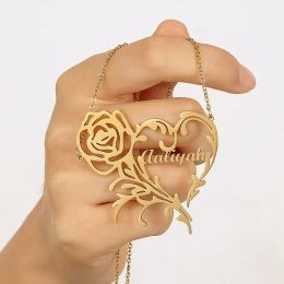 Necklaces Custom Name Necklace with Heart Personalised Stainless Steel Gold Colour Nameplate Rose O Chain Pendant Necklace for Women Gift