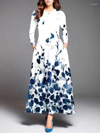 Casual Dresses 2024 Ladies Autumn Winter Long Dress Women White Blue Sleeve V-neck Elegant Party Print Vintage