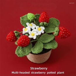 Decorative Flowers Crocheted Multi-Head Strawberry Rope Wool Potted 10cmX14cm Flowerpot 4 Red Bedroom Decoration Simulation Flower