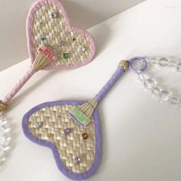 Decorative Figurines Hand Fan Heart Shape Summer Cooling Fans With Bead Chain Pendant DIY Natural Handmade Bamboo Home Decoration