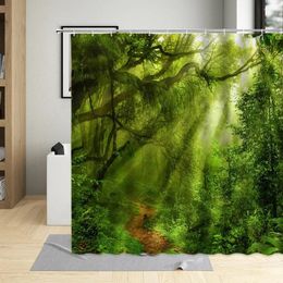 Shower Curtains Spring Forests Green Natural Landscape Curtain Trees Creek Jungle Mountain Waters Bathroom Bathtub Decoration Cloth Sets