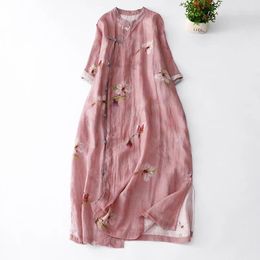 Casual Dresses Limiguyue Thin Ramie Summer Split Dress Women Literary Floral Print Pink Long Breathable Soft Cotton Linen Vestidos E516