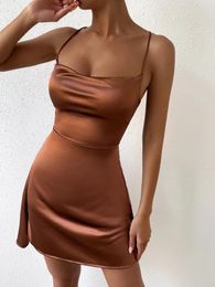 Casual Dresses Women Sexy Satin Bodycon Mini Dress Sleeveless Lace Up Backless Brown Evening Female Party Club Wear