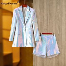 High Street Ladies Luxury Stunning Bling Sequined 2 Piece Shorts Set Singe Button Mid-Length blazer coat Slim Short Pants240401