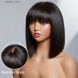 Synthetic Wigs Wear and Go Human Hair Bob Wig With Bangs 180 Density Realistic Look 4x1 Lace Glueless Wigs Short Black Bob Wigs With Bangs Y240401