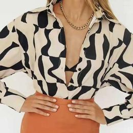 Women's Blouses 2024 Spring Women Abstract Geometric Wave Print Beige Black Contrasting Colour Silk Long-sleeved Shirt